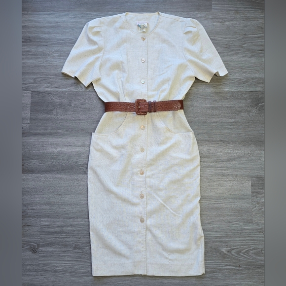 Vintage Dresses & Skirts - Vintage Algo Cream Midi Flax Blend Dress